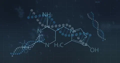 Element structure over rotating dna strands on black background 写真素材