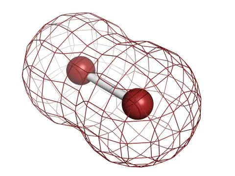 Elemental bromine (br2), molecular model. Stock Illustration