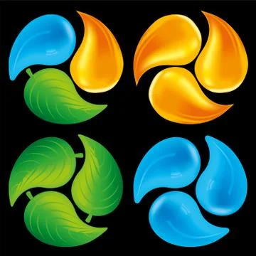 Elemental circles. Water drop, fire flame and leaf. Stock Illustration
