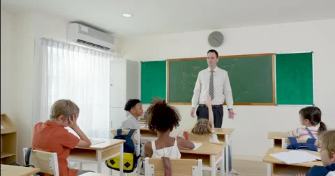 Elementary boy raises arm to answer teacher question while male educator stands Vídeo Stock 335459270