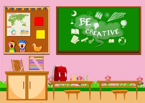 Elementary classroom with board and chairs Stock Illustration