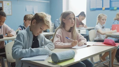 Elementary Classroom of Diverse Children Listening Attentively to their Teacher Stock Footage 119443200