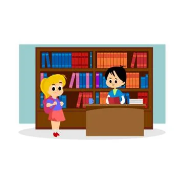 Elementary education, students in library with bookshelf, back to school Illustrazione stock