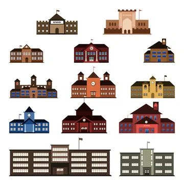 Elementary High School Building Vector Icon Illustration Set Isolated Ilustración de archivo
