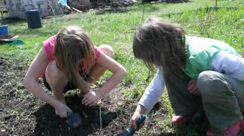Elementary kids working, digging, helping in garden Stock Footage 10892625
