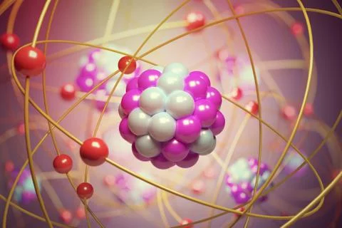 Elementary particles in atom. Physics concept. 3D rendered illustration. Stock Illustration