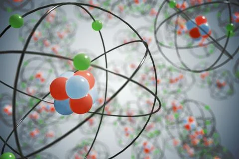 Elementary particles in atom. Physics concept. 3D rendered illustration. Stock Illustration