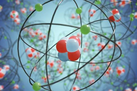 Elementary particles in atom. Physics concept. 3D rendered illustration. Stock Illustration