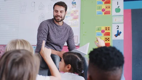 Elementary Pupils Raising Hands To Answer Question As Male Teacher Reads Story Video stock 111929460