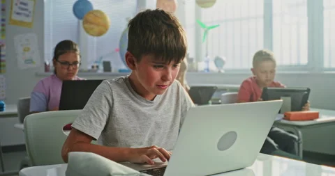 Elementary School Boy Sitting at Desk, Using Laptop in Classroom Stock Footage 317160096