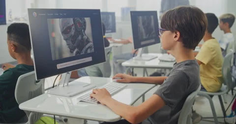 Elementary School Children Using Computer, Creating Digital Illustrations in AI Stock Footage 316292466