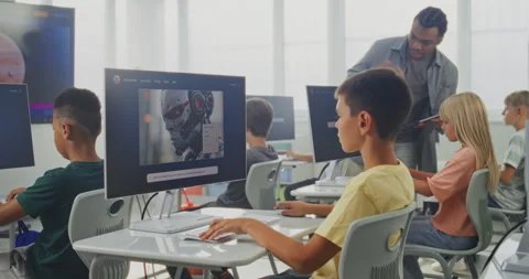 Elementary School Children Using Computers, Creating Digital Illustrations in AI Stock Footage 316291771