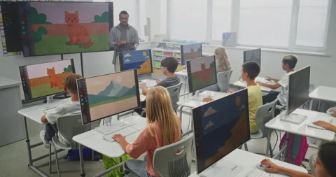 Elementary School Children Using Computers, Creating Digital Illustrations Stock Footage 316295251