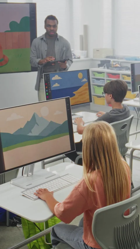 Elementary School Children Using Computers, Creating Digital Illustrations Stock Footage 317166440