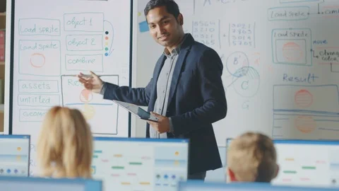Elementary School Class: Teacher Uses Digital Whiteboard, Explain Lesson to Kids Stock Footage 119360430