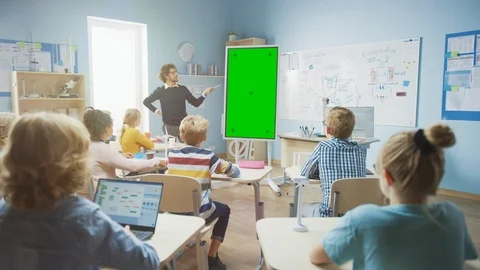 In Elementary School Classroom Teacher Use Mock-up Screen Interactive Whiteboard 動画素材 119055620