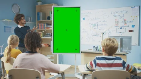 In Elementary School Classroom Teacher Use Mock-up Screen Interactive Whiteboard 動画素材 119055715