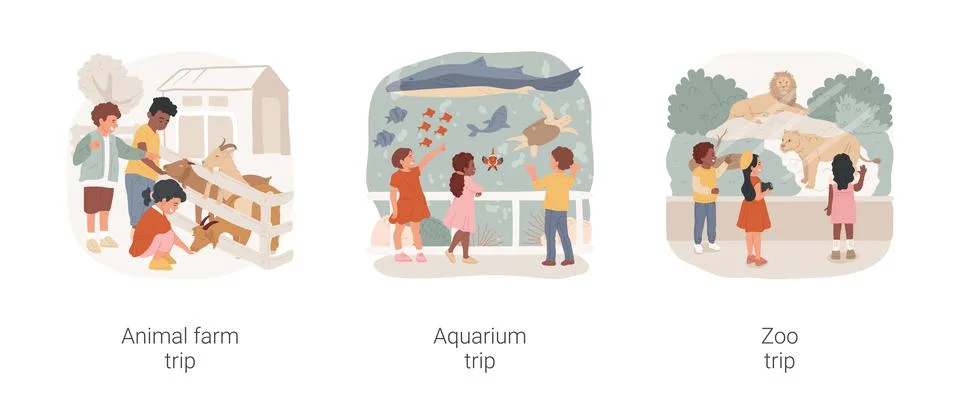Elementary school field trips isolated cartoon vector illustration set. Stock Illustration