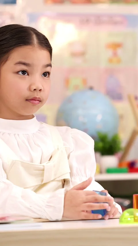 Elementary School Girl Learning Geometry With Colorful Blocks Stock Footage 329094482