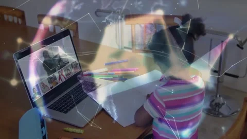 Elementary school girl writing in virtual classroom creating network shapes into Stock Footage 328363498