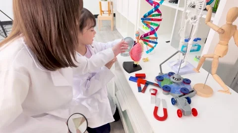 Elementary School Girls in Lab Coats Studying Science Models in Classroom Stock Footage 341835583