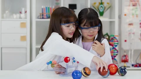 Elementary School Girls Studying Solar System Model in Science Lab Stock Footage 341917286