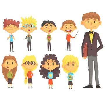 Elementary School Group Of Schoolchildren With Their Male Teacher In Suit Set Stock Illustration