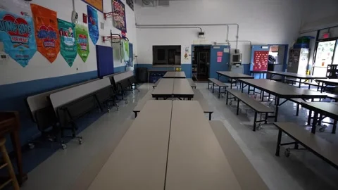 Elementary school gym used as a cafeteria in a small town elementary school. Stock Footage 248619635