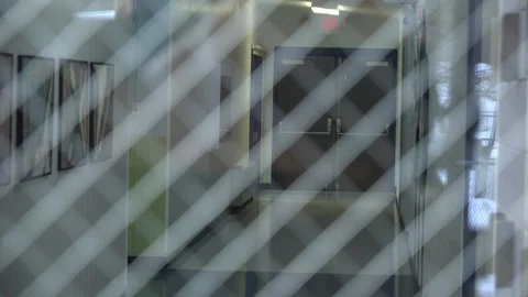 Elementary School Hallway through Lined Window Stock Footage 127670969