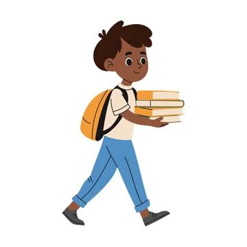 Elementary school kid boy with school bag and books go to school. Knowledge.. Stock Illustration
