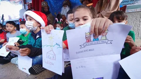 Elementary School Kids Showing Letters Three Kings at Christmas Day Stock Footage 224329689