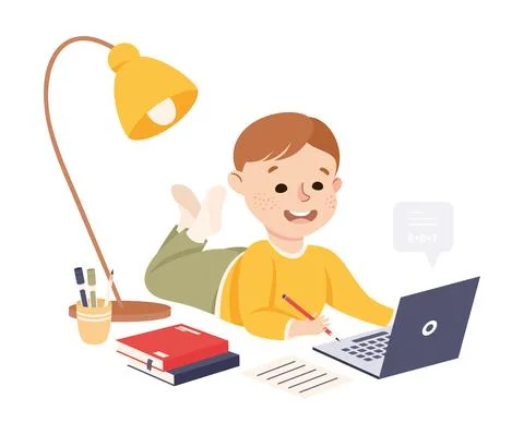 Elementary School Student Boy Studying Online Using Laptop Computer Stock Illustration