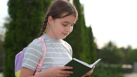 Elementary school student, child goes to class holding book hand, educational Stock Footage 312216783