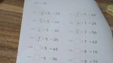 An elementary school student is doing math homework that is about multiplic.. Stock-Footage 241998274