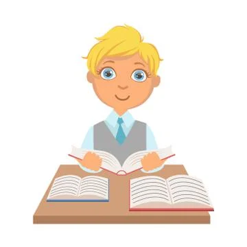 Elementary school student sitting at the desk and reading a book, a colorful Stock Illustration