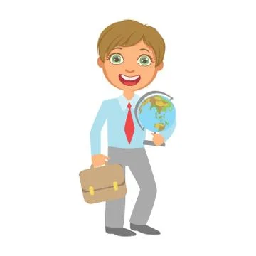 Elementary school student standing and holding globe and school bag, a colorful Stock Illustration