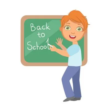 Elementary school student writing text Back to School on the blackboard, a Stock Illustration