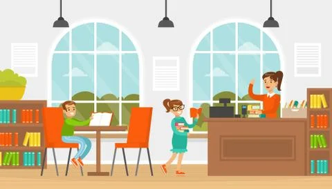 Elementary School Students Choosing and Reading Books, Library Interior with Stock Illustration
