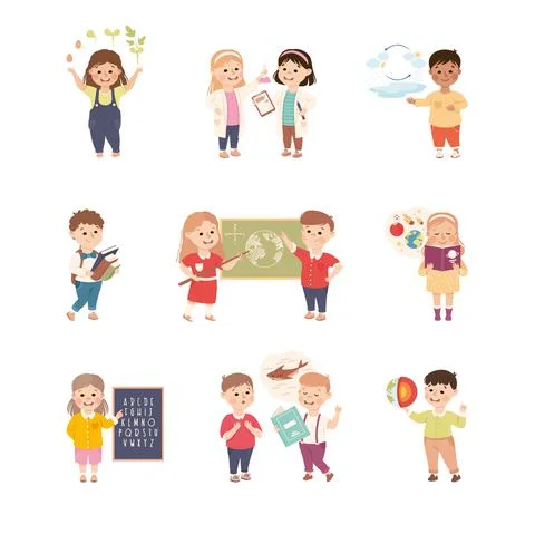 Elementary School Students at Learning Process Set, Cute Boys and Girls Having Illustrazione stock