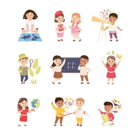 Elementary School Students at Learning Process Set, Cute Kids Having Math Stock Illustration