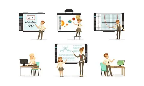 Elementary school students at programming lesson. Cute cheerful boys and girls Stockillustratie