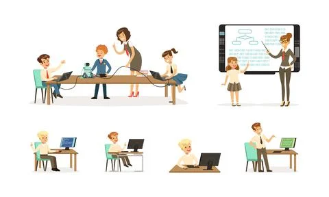 Elementary school students at programming lesson. Children programming and イラスト素材