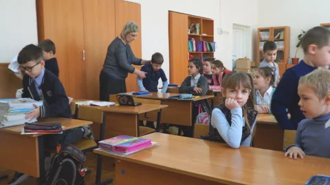 Elementary school students sit at their desks in the classroom Stock Footage 124227999