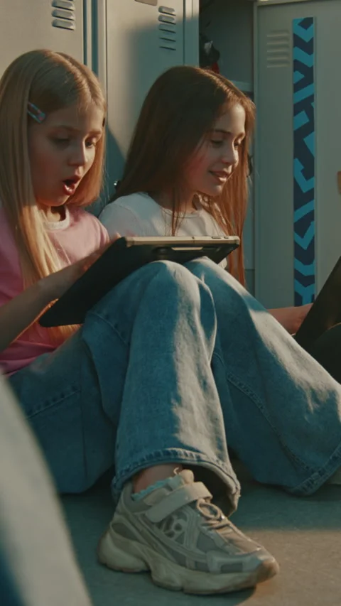 Elementary School Students Sitting on Floor in School hallway near Grey Lockers Stock Footage 342036329