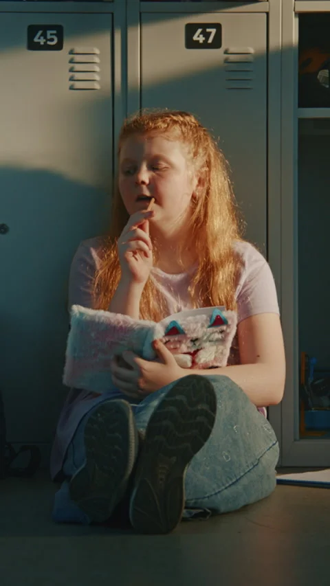Elementary School Students Spending Free Time in Hallway, Sitting on Floor near Stock Footage 342028753