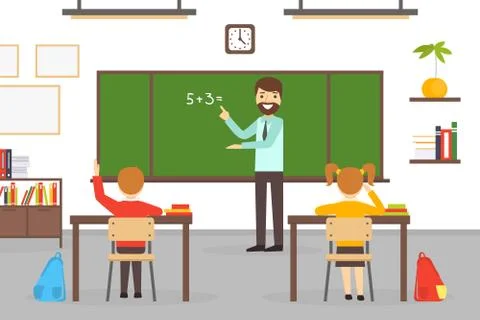 Elementary School Students Studying in Classroom, Cheerful Male Teacher Stock Illustration