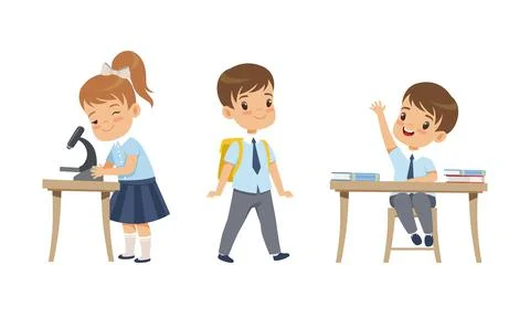Elementary School Students Studying at School, Adorable Boys and Girl in School Illustrazione stock
