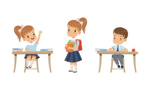 Elementary School Students Studying at School Set, Boys and Girl in School Illustrazione stock