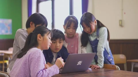 Elementary School Students Surrounding a Computer Stock Footage 332751084