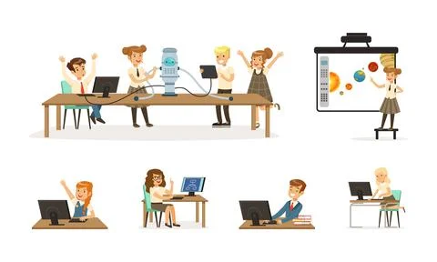 Elementary school students working on robotics project. Children with laptops 스톡 일러스트